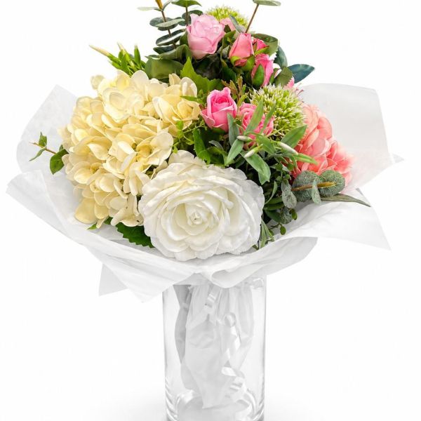 Bouquet de fleurs artificielles orange et corail